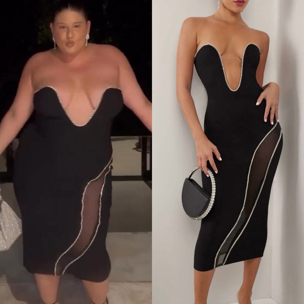 Heiress Beverly Hills Black Crystal Embellished Plunge Neckline Midi Dress XXL